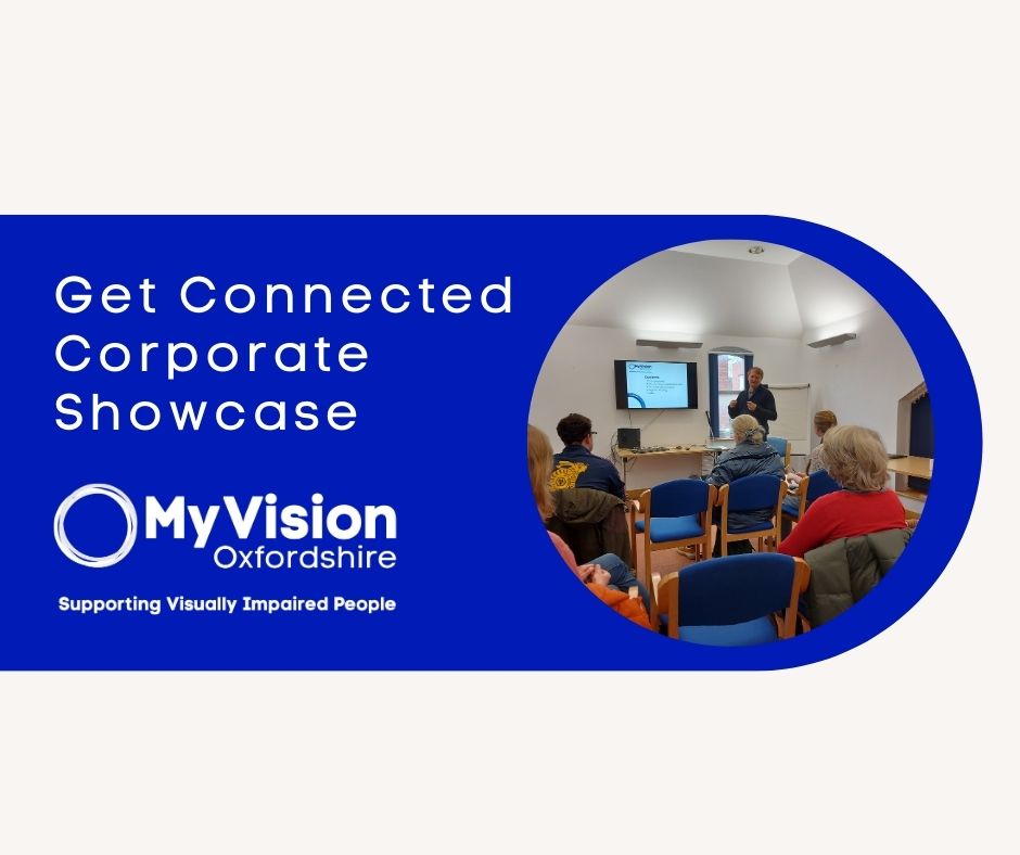 Poster with the title, 'Get Connected Corporate Showcase,' and on the right is an image of a person giving a presentation to a group.