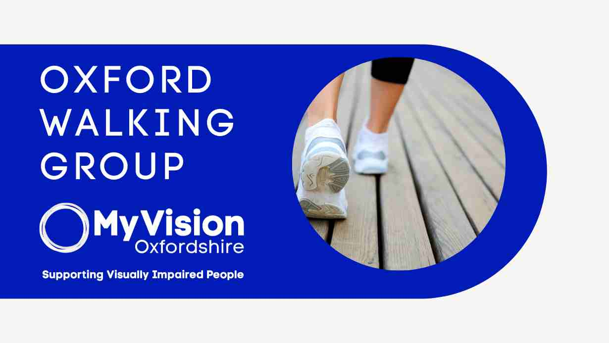 image showing white text on a blue background saying"Oxford Walking group". There is also a picture of some feet walking.