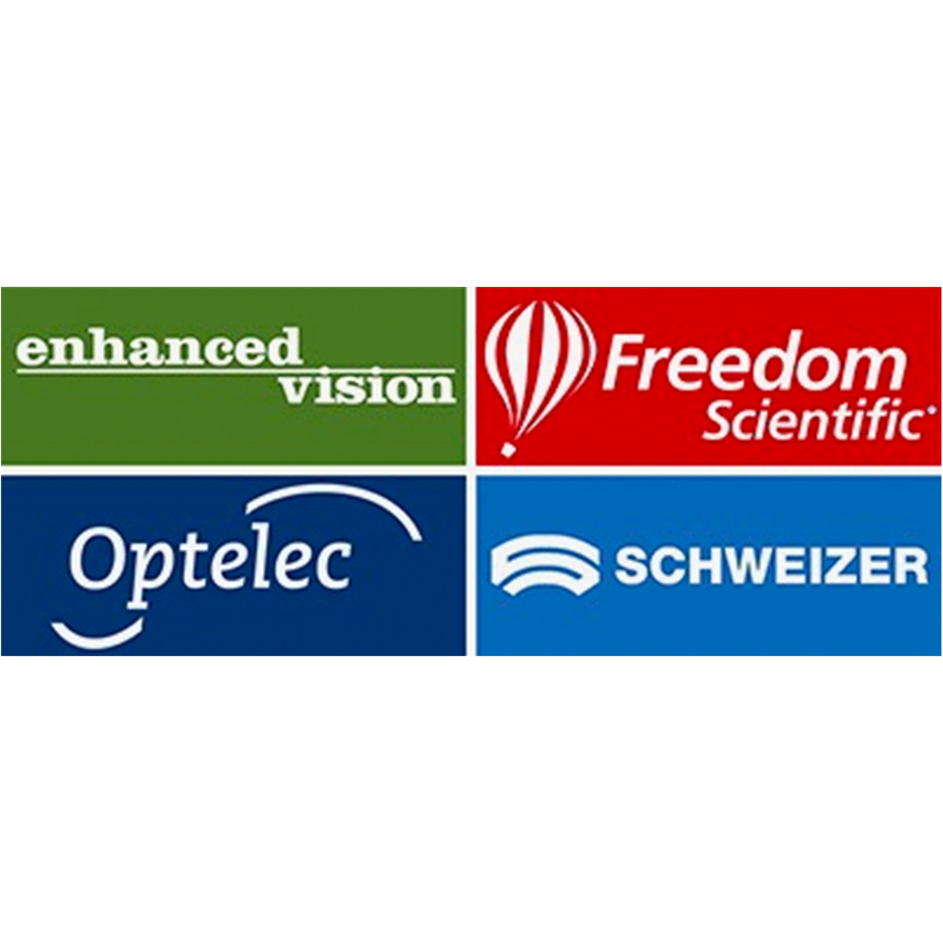 An image of the logo for Optelec UK and their four brands. Top left is "Enhanced Vision", top right is "Freedom Scientific", bottom left is "Optelec", bottom right is "Schweizer".