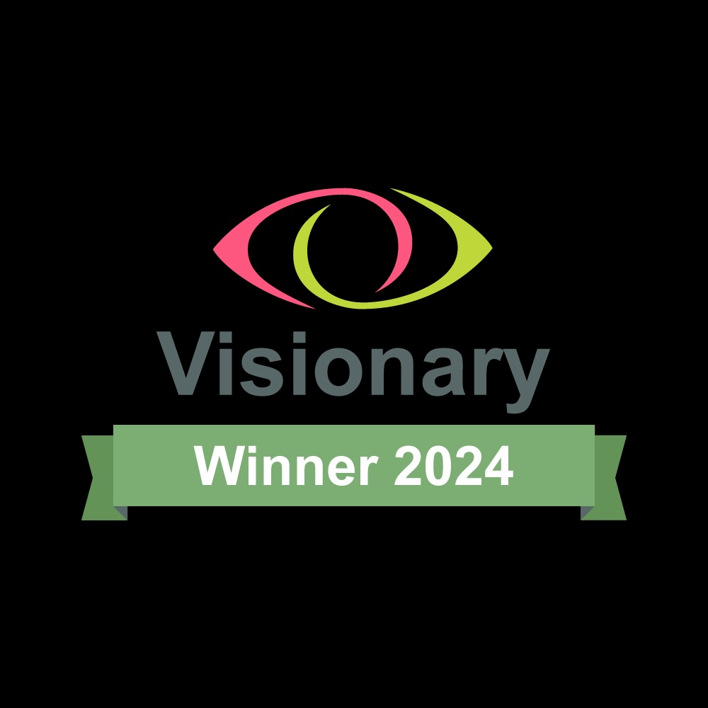 Image with a black background with the Visionary UK logo on it. At the bottom is a green banner that says "Winner 2024".