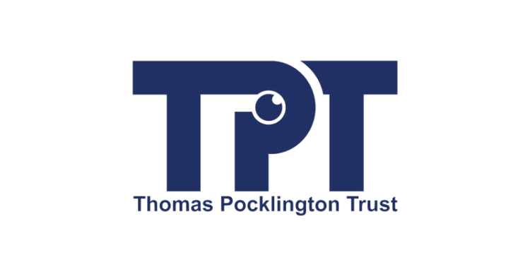 A white image with big letters saying "TPT" in blue in the middle. Underneath these, it says "Thomas Pocklington Trust"