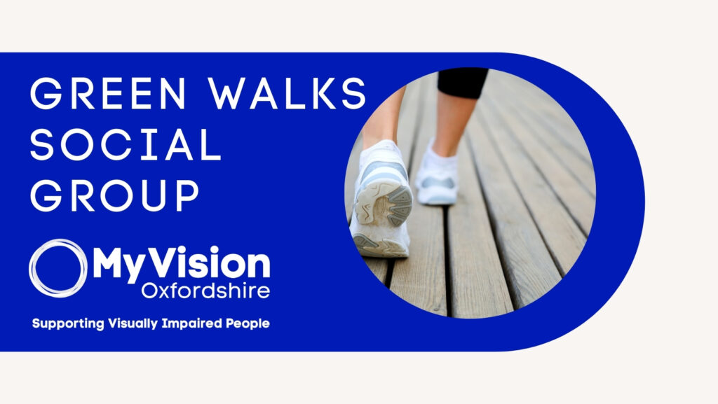 image showing white text on a blue background saying"Green walks social groups". There is also a picture of some feet walking.