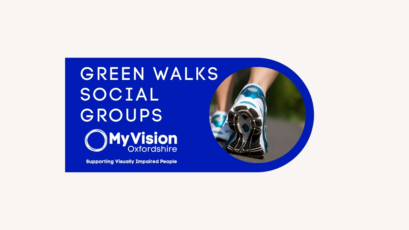 image showing white text on a blue background saying"Green walks social groups". There is also a picture of some feet walking.