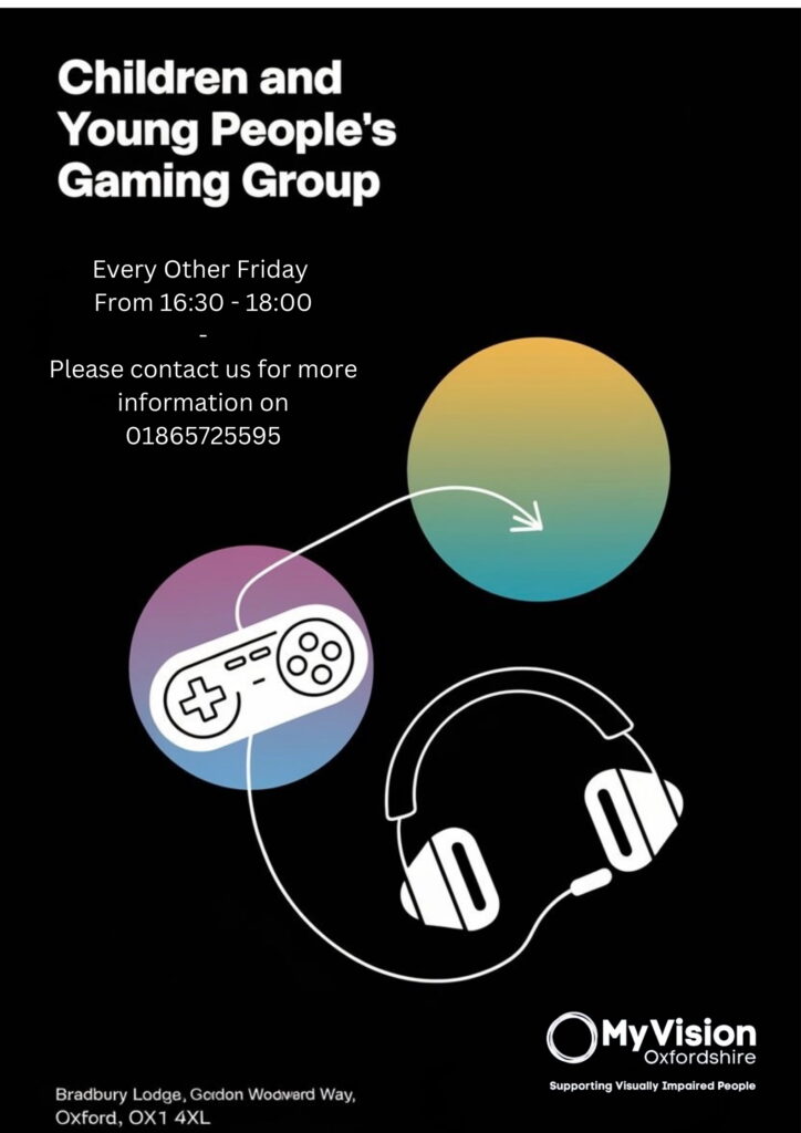 A black image with some colourful circles in it. There is also the MyVision logo and some text that reads “children and young people gaming group”