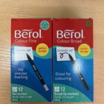 two boxes of Berol pens next to each other. the box on the left is for the fine tip pens and the box on the right is for the broad tip pens.