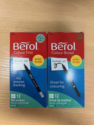 two boxes of Berol pens next to each other. the box on the left is for the fine tip pens and the box on the right is for the broad tip pens.