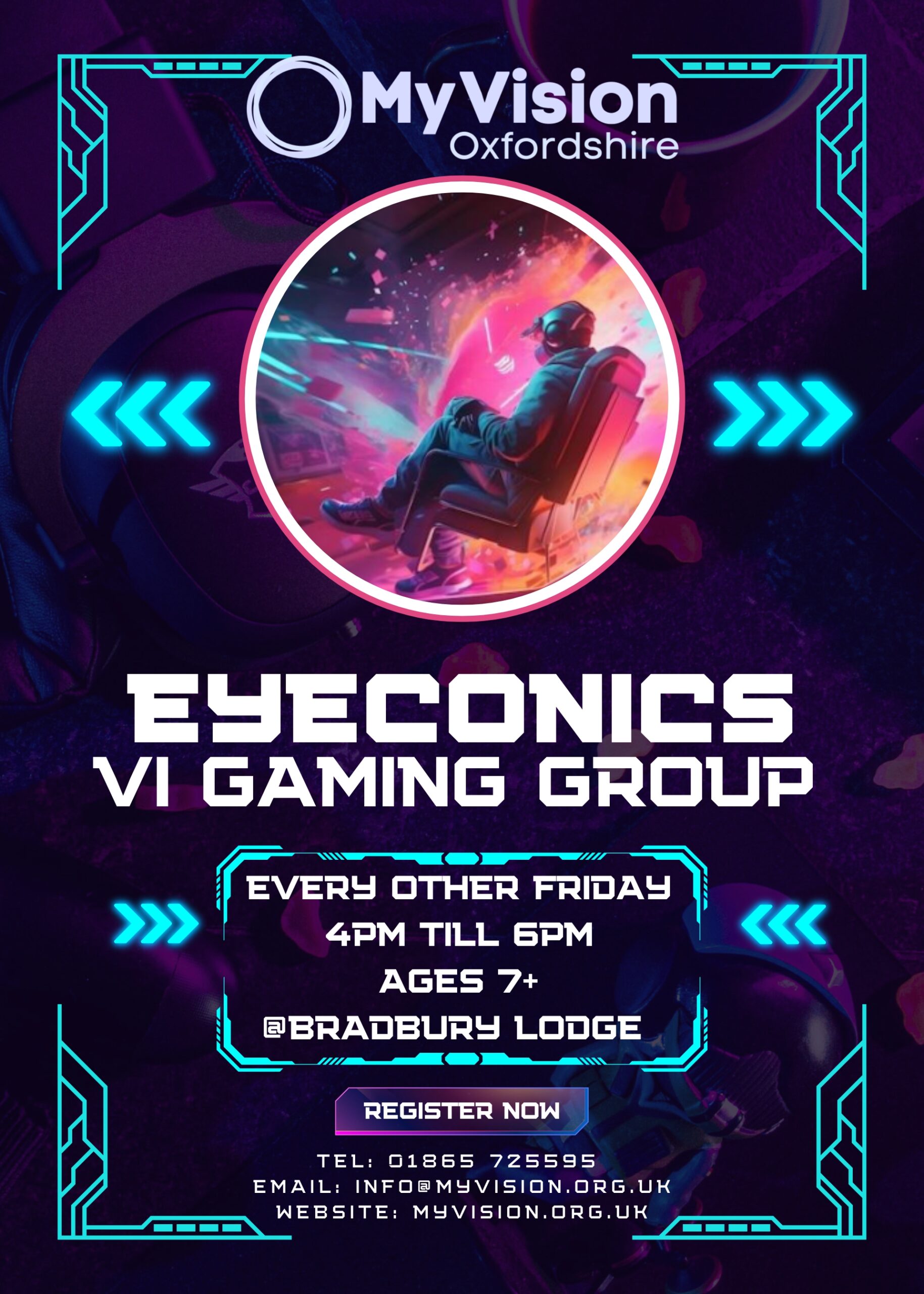 A purple and blue poster. At the top is the MyVision logo, in the middle it says "EyeConics" VI gaming group.