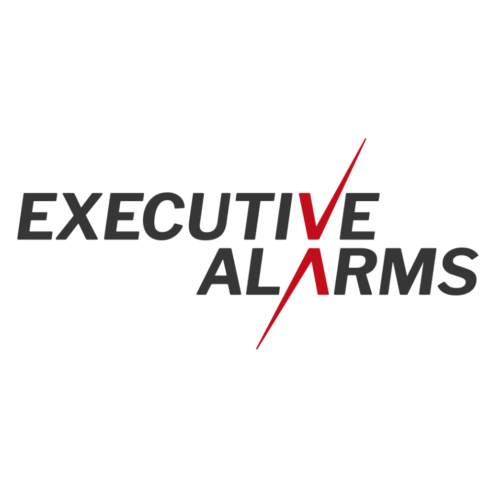 A white background with the words "Executive Alarms" in the middle. The V and second A in alarms are red and look like a lightning bolt toegether. 