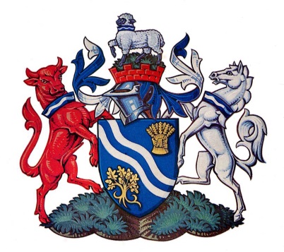 the Oxfordshire County Council crest. There is a red Ox on the left and a white horse on the right of a blue shield in the middle.