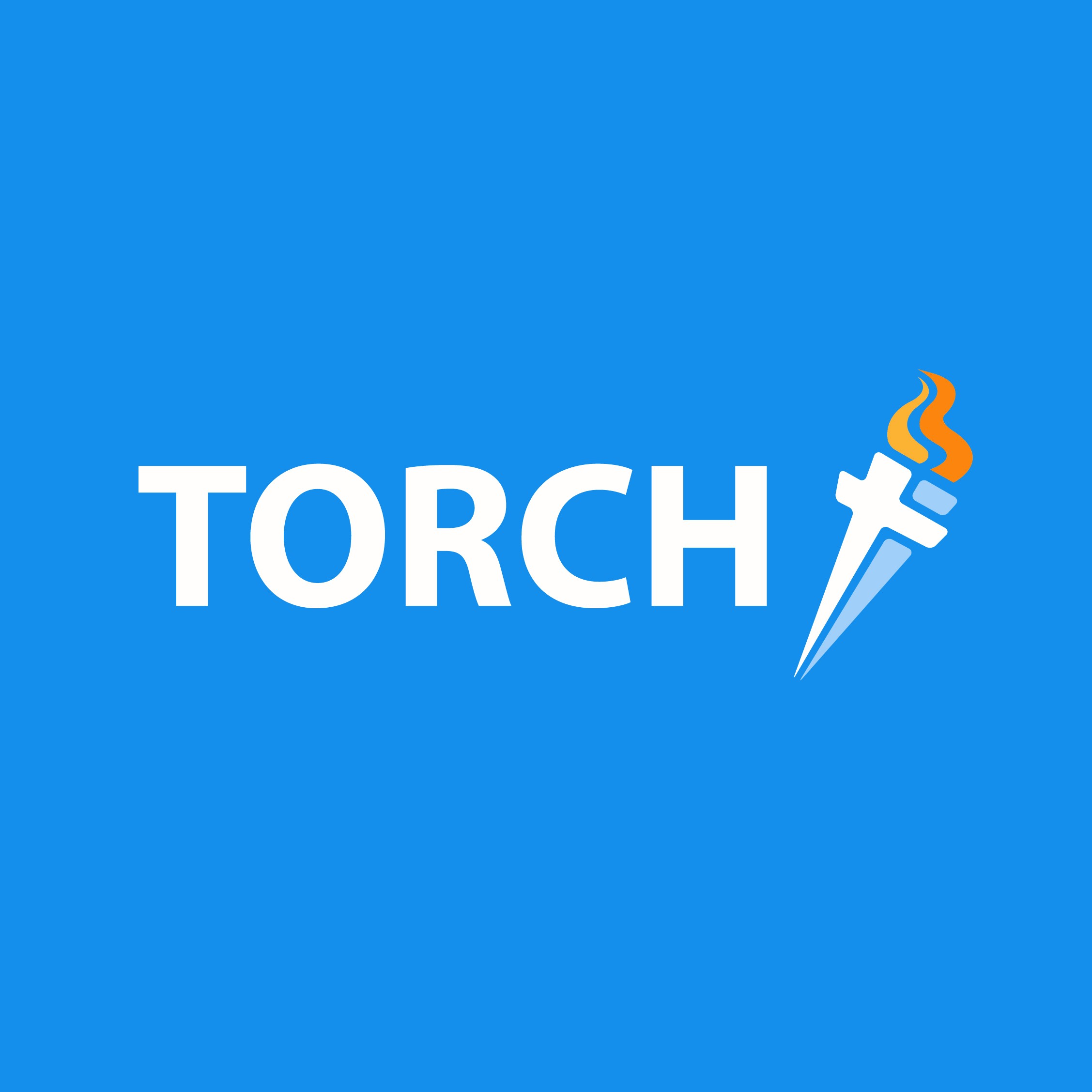 A blue image with"Torch" written in the middle with a fire torch next to it